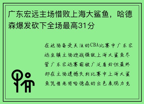 广东宏远主场惜败上海大鲨鱼，哈德森爆发砍下全场最高31分